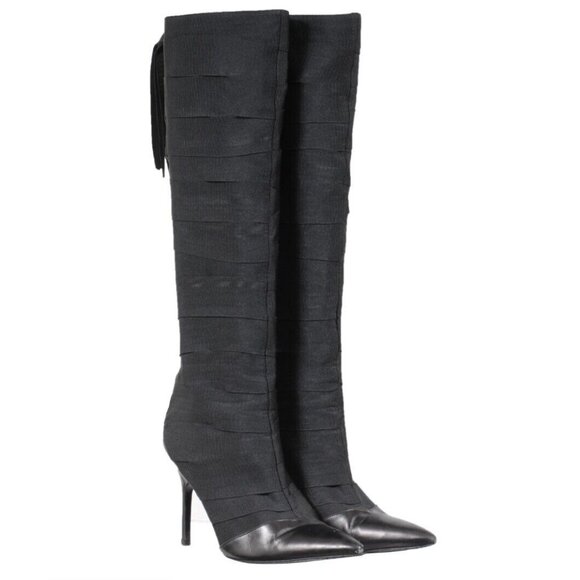 Bruno Frisoni Womens Knee High Boots US 8 EU 38 Black Fabric Leather Pointed Toe - Picture 1 of 14